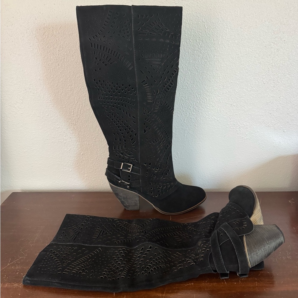 Naughty Monkey Black Sueded Knee-High Pull on Boots